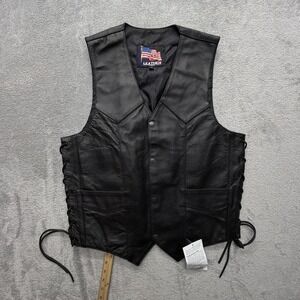 LEATHER U.S.A. Vest Mens S Black Biker Leather Lined Pockets Snap Side Lace